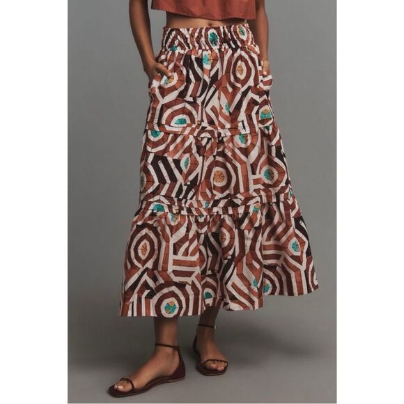 NEW Anthropologie Somerset Smocked Waist Tiered Pocket A-Line Maxi Skirt Large - Picture 2 of 5